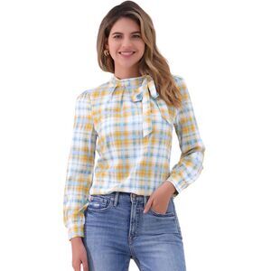 Bow-Tie Neck Blouse Checks Shirt Tops White Yellow Green